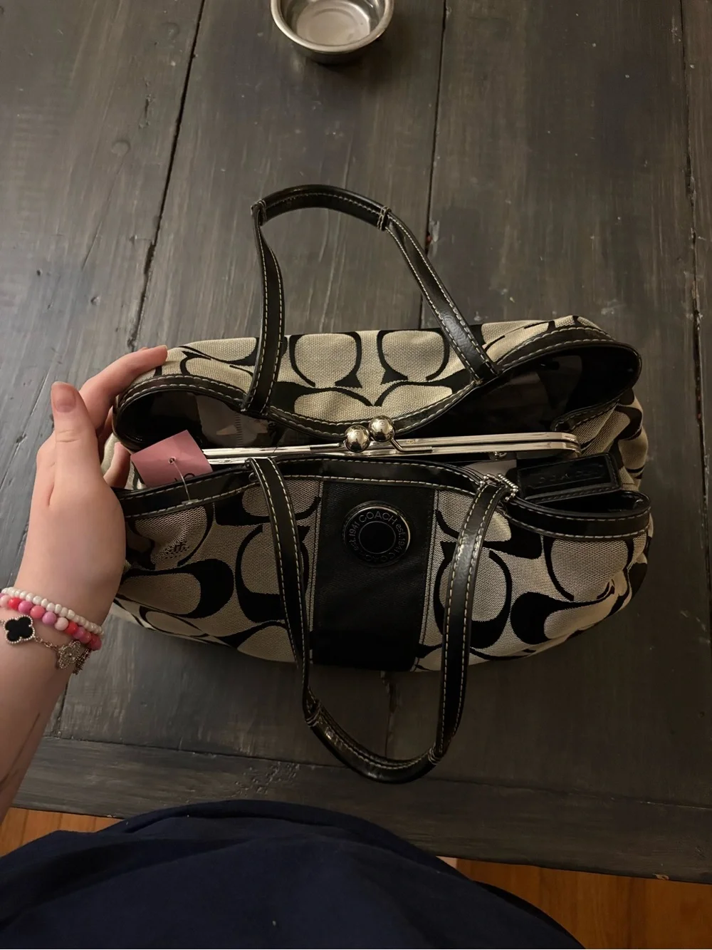 Coach Black and Cream Signature Tote with Leather Trim Y2K vintage